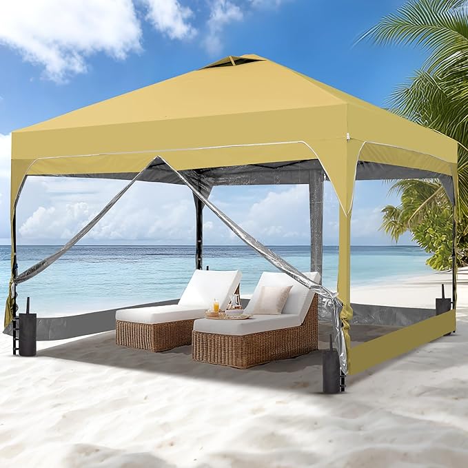 Saemoza 12x12 Pop Up Canopy Tent with One Push Setup, Outdoor Sun Shade Canopy for Backyard Party, Easy Up Instant Shelter with 4 PVC Transparent Sidewalls, 4-Sandbags & Wheel Bag, Khaki.