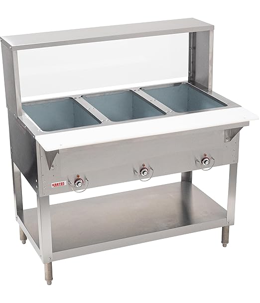 Kratos Commercial Electric Steam Table/Hot Food Table with Overshelf and Sneeze Guard, 3 Wells, Stainless Steel, Stationary, NSF, 120V (28W-192)