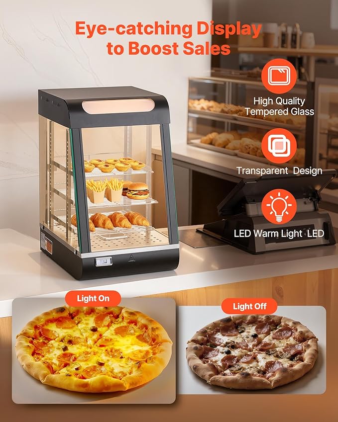 VEVOR 3-Tier Commercial Food Warmer Display, 800W Food Display Warmer with LED Light, Top Storage and Adjustable Shelves, 86℉~185℉ Steam Heating, 60 Qt /57L for Hamburger, Pizza, Bread, Fried Chicken