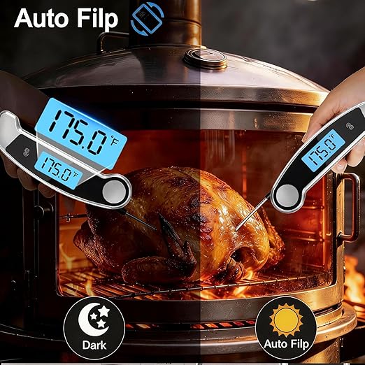 Meat Thermometer Digital Waterproof Instant Read Thermometer for Cooking ℃/℉ Convertible, Food Thermometer with Backlight, Cooking Thermometer for Kitchen Auto-Rotating Display Grey