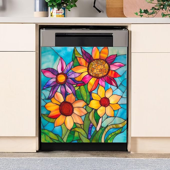 Farmhouse Stained Glass Sunflower Dishwasher Magnet Cover,Pastoral Flowers Magnetic Dishwasher Cover Vinyl Sticker,Fridge Door Cover Magnets Art Skin Panel Decal,Home Decor Decal,23"X26"
