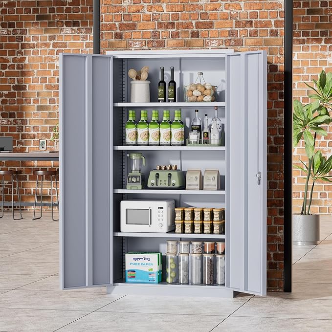 Greenvelly Metal Garage Storage Cabinet with 2 Doors and 4 Adjustable Shelves, 72”H Steel Lockable Storage Cabinet,Tall Metal Cabinet Locking File Cabinet for Office,Home, Garage, Gym, School