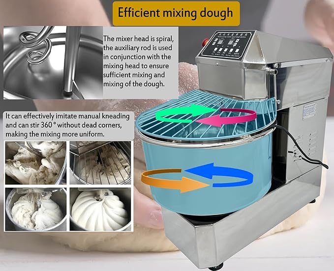 TECHTONGDA Commercial Dough Mixer Food Mixer with Time Setting, 40L Stainless Steel Stand Mixer for Bakery, Pizzerias & Kitchens, Heavy Duty Pizza & Bread Dough Mixer with Double Action, Double Speed