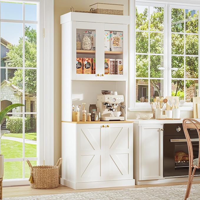 71" Tall Farmhouse Kitchen Pantry, Large Storage Cabinet with Glass Doors, Freestanding Coffee Bar Hutch with Microwave Stand, Adjustable Shelves for Kitchen, Living Room, White 4 Pcs