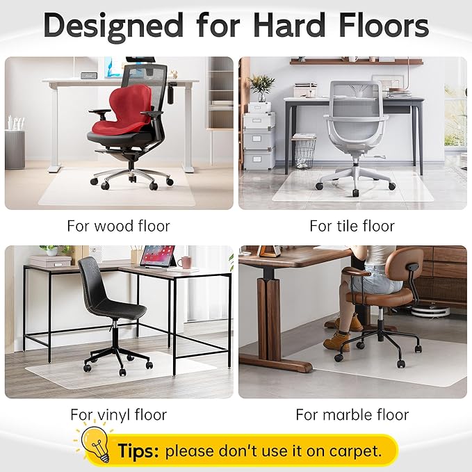 Office Chair Mat for Hardwood Floor, 46”x 60” Crystal Clear Hard Floor Chair Mat, Transparent Floor Protector Mat Flat Without Curling