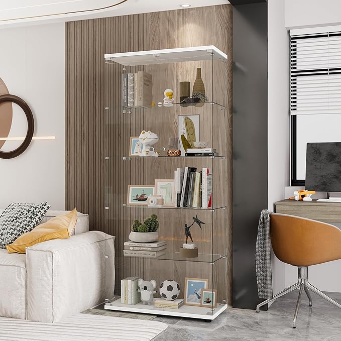 Yoluckea 5 Shelves Glass Display Cabinet with 2 Doors, Floor Standing Clear Glass Curio Cabinet Collection Display Case for Living Room Bedroom 73.82” x 31.69” x 14.37” White
