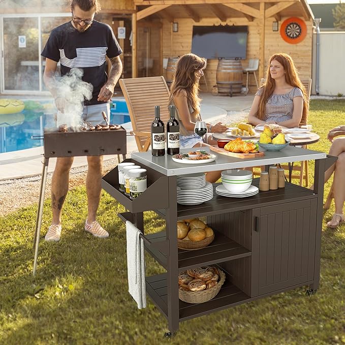 Giantex Outdoor Grill Cart with Storage Cabinet & Shelves, Patio Kitchen Island Table with Stainless Steel Top, Spice & Towel Rack, Movable Pizza Oven Stand on Wheels, Rolling Bar Cart BBQ Prep Table