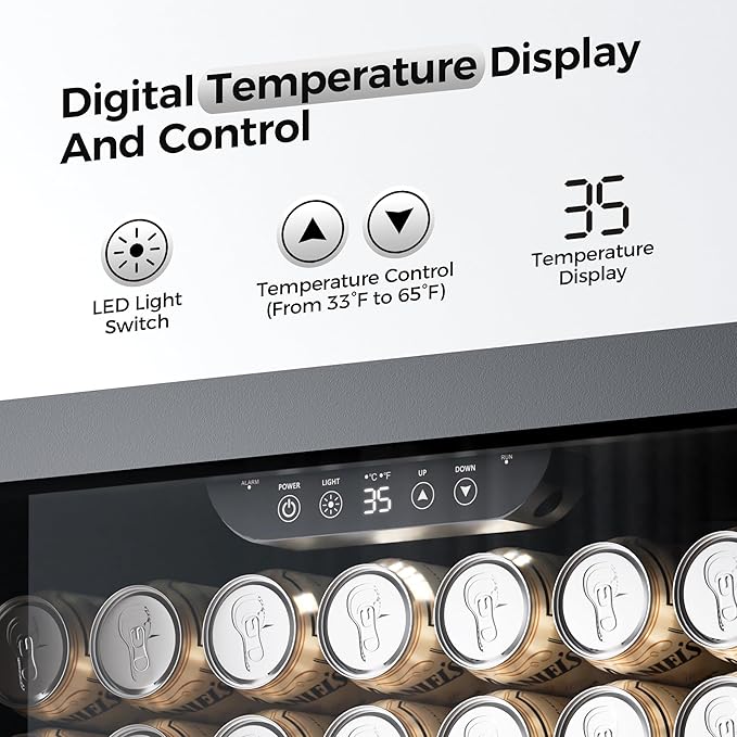 Coolake 24 Inch Wide Under Counter Beverage Refrigerator, 180 Can Capacity Beverage Cooler with Glass Door, Built in or Freestanding, Drink Fridge for Basement, Kitchen, Office