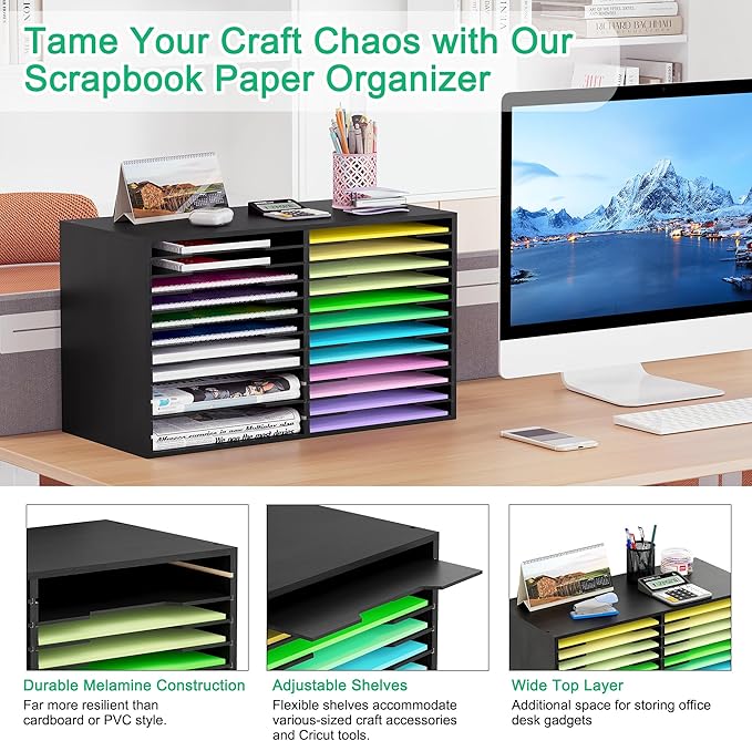 EasyPAG Scrapbook Paper Storage Organizer for Craft Room, 12x12 Paper Storage Desk Shelf, 24 Slot Adjustable File Sorter for Office School Classroom, Black