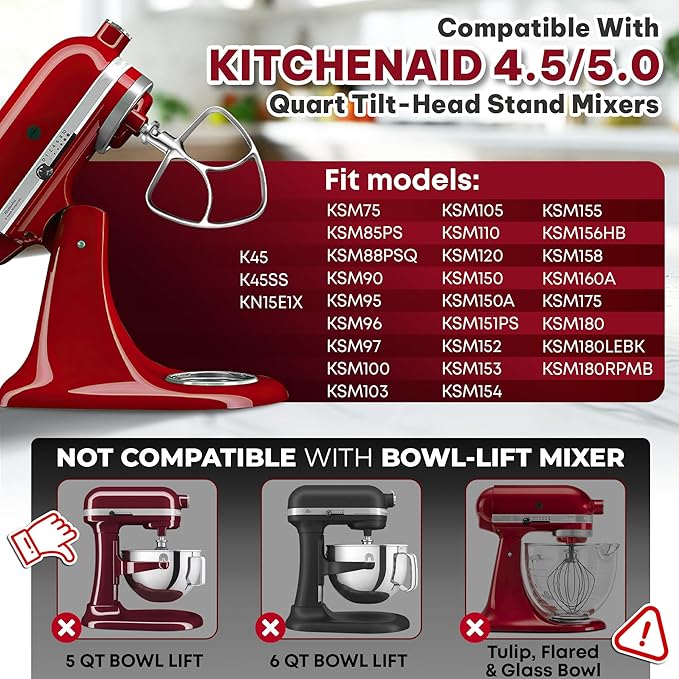 Stainless Steel Flat Beater for KitchenAid 4.5 & 5.0 Qt Tilt-Head Mixer, Paddle Attachment for K45SS, Dishwasher Kitchen Aid Paddle Replacement Attachment