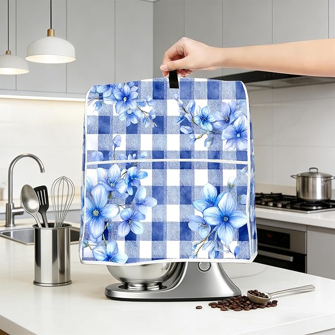 Stand mixer cover with handle and storage bag, reusable and washable, stylish retro floral design, keeps kitchen countertops clean and tidy (fits 6-8 quart mixers).