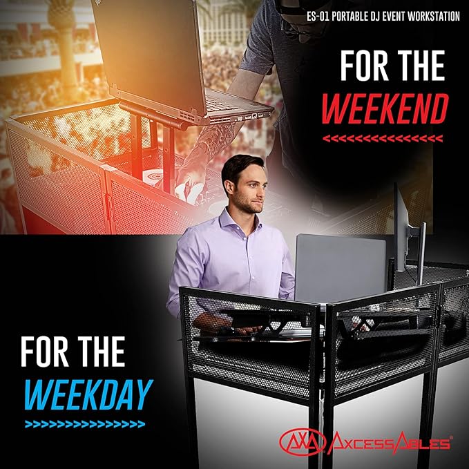 AxcessAbles Portable DJ Facade Booth with Black and White Lighting Scrims, Carry Cases | Standing DJ Table - 40" x 20" | DJ Controller Stand | Recording Mixer Stand | DJ Booth (ES-01)