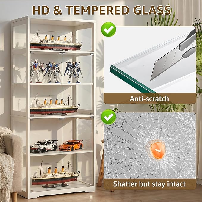 70.8" H Glass Display Cabinet - 5-Tier Curio Cabinet with RGB LED Lights for Collectibles - Large Glass Display Case with Human Body Sensor for Bedroom Living Room Office - White