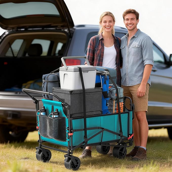 LEVELEVE Heavy Duty Folding Wagon - 2-in-1 Collapsible Cart, 650lb Capacity, All-Terrain Wheels w/Brakes & Side Pockets (Sky Blue)