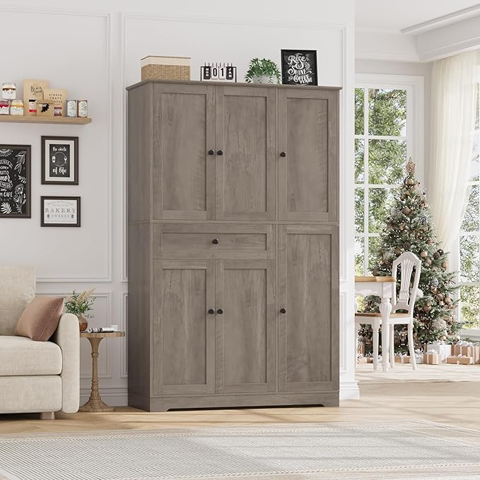 HOSTACK 68" Tall Kitchen Pantry Storage Cabinet, Modern Kitchen Hutch Cabinet with Doors and Shelves, Freestanding Food Pantry with Large Storage Drawer for Dining Room, Living Room, Ash Gray