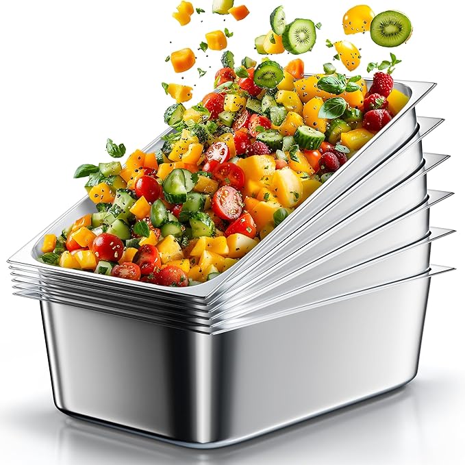 WantJoin Steam Table Hotel Pans 1/1 Full Size 6 Inch Deep 0.9mm Thick 6 Pack, Stainless Steel Metal Tray Sets Food Storage Container for Restaurant Chafing Dishes Commercial Catering Supplies