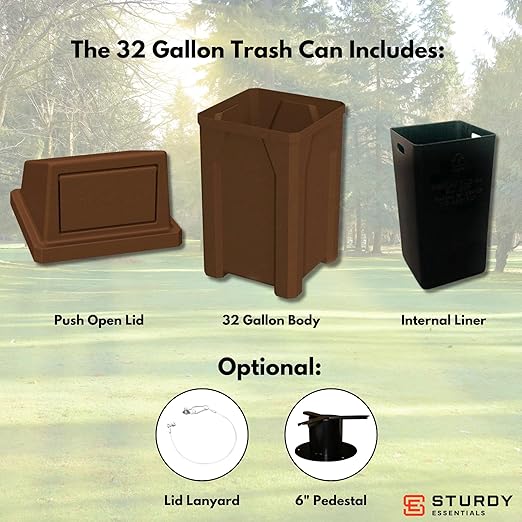 32 Gallon Square 100% Recycled Plastic Heavy Duty Indoor or Outdoor Commercial Trash Can with Push Lid | Great for Schools and Businesses - Brown Granite