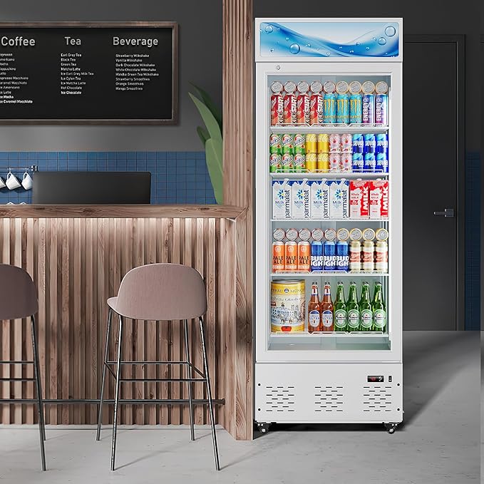 27”W Commercial Glass Door Display Refrigerator 15 Cu.ft White Cooler Beverage Bridge with LED Light and 5 Shelves for Cafe Restaurant Store Bar