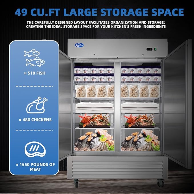 Commercial Freezer, 54"W Commercial Refrigerators, 49 Cu.Ft Commercial Reach-in Freezer, ETL Upright 2 Doors Auto-Defrost, Commercial Freezer Upright with 8 Shelves for Restaurant, Bar, Market