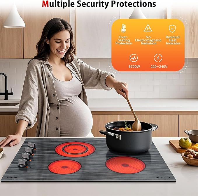 Karinear Electric Cooktop 30 Inch, 4 Burners Electric Stove Knob Control, Built-in Ceramic Cooktop with Beautiful Woodgrain Pattern Glass Surface, 6700W, 220-240v Hard Wired(No Plug)