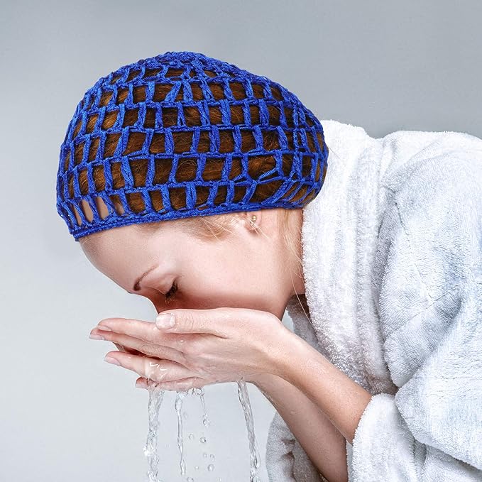 Geyoga 4 Pieces Mesh Crochet Hair Net Rayon Knit Snood Hat Thick Short Women Hairnet Snoods Cover Ornament for Sleeping (Blue)