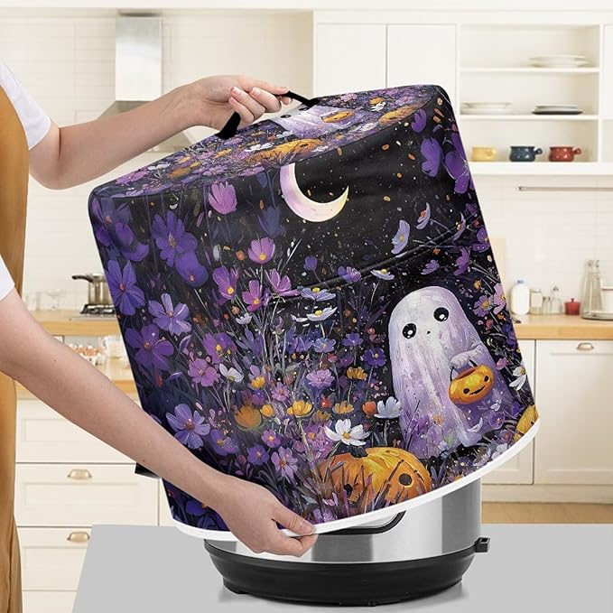 Purple Floral Halloween Ghost Dust Cover for Kitchen Accessories 6 Quart Pressure Cooker Air Fryer Rice Cooker Dust Cover with Top Handle and Storage Pocket