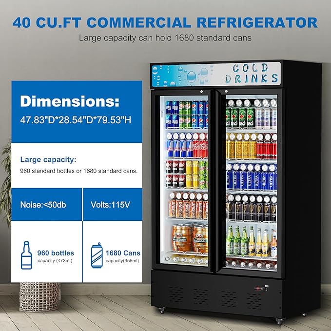 40 Cu.ft. Commercial Beverage Refrigerators Glass Door Refrigerator Upright Display Cooler with Soft LED Light and Adjustable Shelves for Restaurant Grocery Stores Home