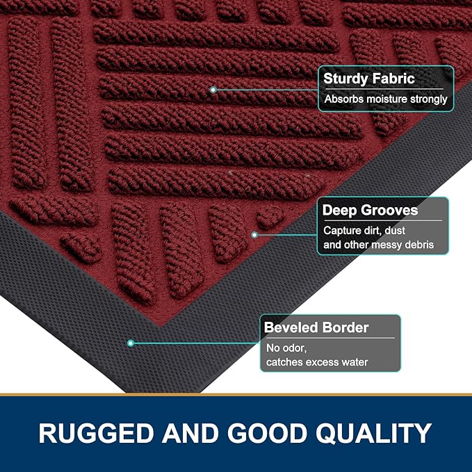 Smiry Front Door Mat Outside Entrance, Heavy Duty Outdoor Indoor Natural Rubber Doormat, Non Slip, Trap Dirt and Moisture, Easy Clean, Low Profile Patio Porch Entryway Mat, 29.5x17, Wine Red
