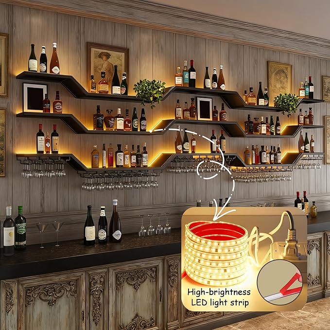 55.1in Modern LED Wine Rack Wall Mounted, 3-Tier Floating Bar Shelves with Wine Glass Rack, Large Hanging Liquor Shelf Wall Mounted, for Home Bar Dining Room Cafe Decorative (Black, 55.1in/140cm)
