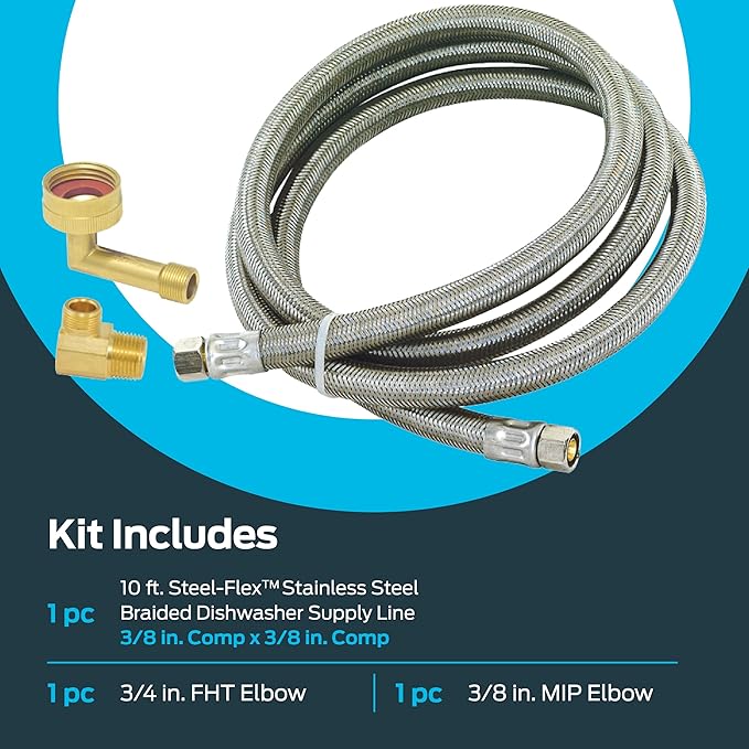 Eastman 10 Ft. Dishwasher Installation Kit, Braided Stainless Steel Supply Line with 3/8 Inch Compression Ends, 41060