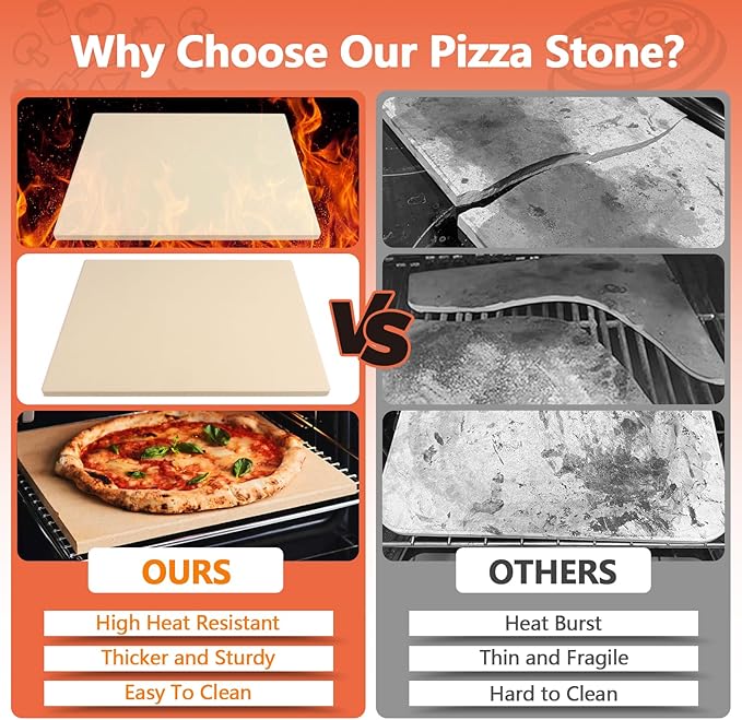 15x12 Inch Rectangle Pizza Stone for Oven and Grill, 0.6" Thick Heavy Duty Cordierite Bread Baking Stone for Crisp Pizza Cookies (With Scraper and Parchment Papers)