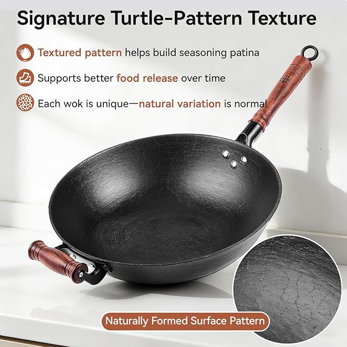 WANGYUANJI Cast Iron Wok Pan with Lid (12.6 Inch) - Handcrafted Flat Bottom Chinese Stir Fry Skillet for Induction, Electric & Gas - Walnut Wood Handle, No Coating