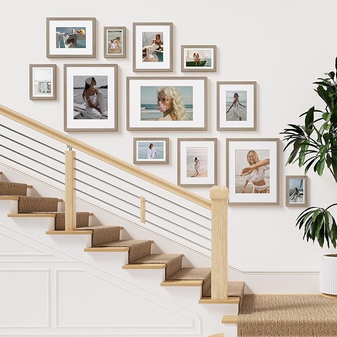 Vittanly 11x17 Picture Frame Set of 2, Solid Wood Frame for Wall Art Photo and Prints, Display Photo 8x12 with Mat or 11x17 without Mat, Light Brown