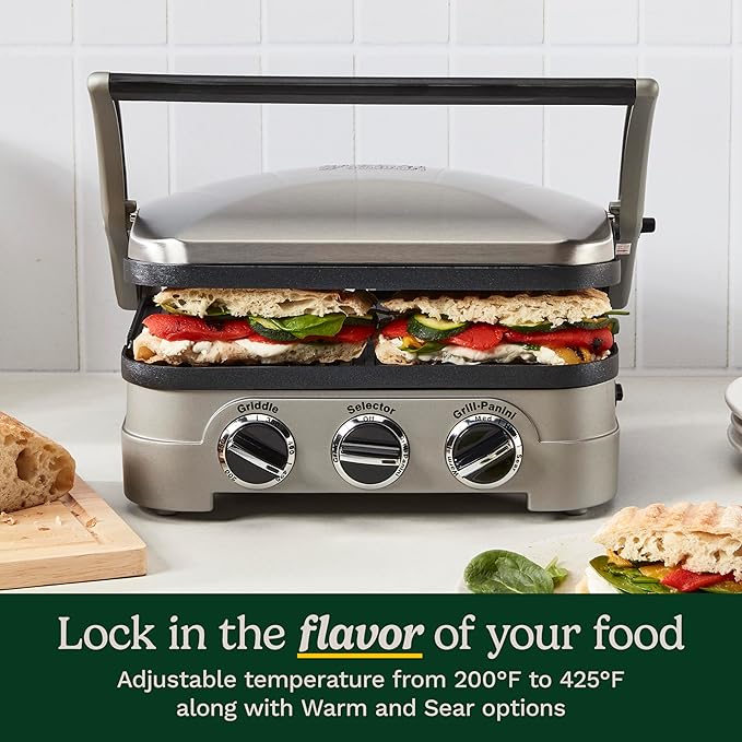 Cuisinart Griddler Indoor Grill, Panini Press, Sandwich Maker & More, 5-in-1 Grilling, Dishwasher-Safe Nonstick Cooking Plates, GR-4NP1, Stainless Steel