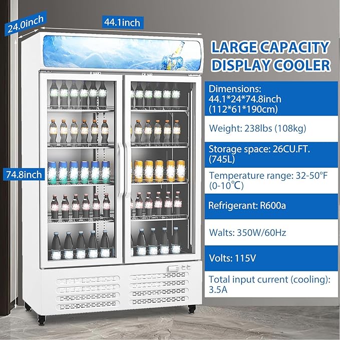 IDEALHOUSE Commercial Refrigerators, 26.8 Cu.Ft Beverage Cooler, Commercial Fridge with Glass Door Display, LED Light Adjustable Shelves Drink Cooler for Restaurant Grocery Store Home, White