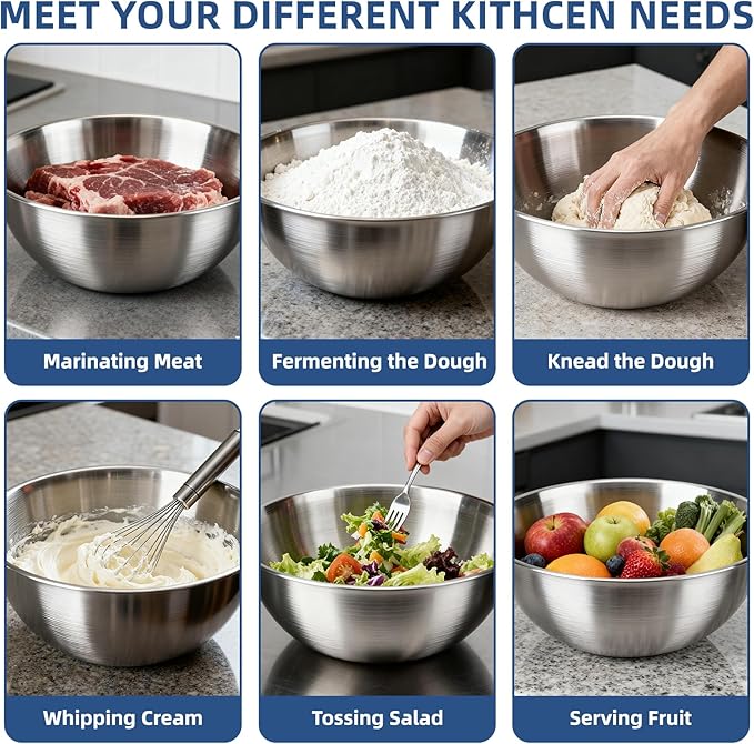3-Piece Stainless Steel Mixing Bowls (6.3") Metal Bowl Set with Measurement Marks, Dishwasher Safe & Stackable - Perfect for Baking, Salad Making, Meal Prep