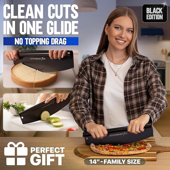 KitchenStar 14-Inch Pizza Cutter Rocker Blade - Sharp Stainless Steel Slicer Knife, Protective Cover, Black Nonstick, Large - Professional Pizza Oven Accessories