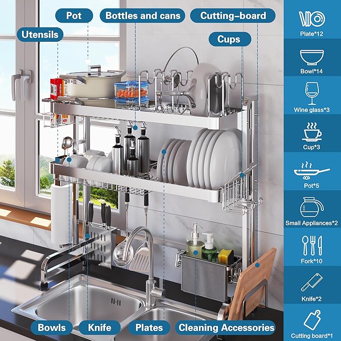 Over The Sink Dish Drying Rack,3 Tier Adjustable Length Full Stainless Steel Large Storage Kitchen Dish Rack,for Kitchen Counter Expandable Multifunctional Organizers,Silver (25.98-37.6")