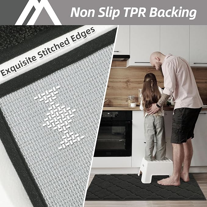 COSY HOMEER Soft Kitchen Rugs [2 PCS] for in Front of Sink Super Absorbent Kitchen Floor Mats and Mats 20x30 Inch/20X48 Non-Skid Kitchen Mat Standing Mat Washable,Polyester,Black