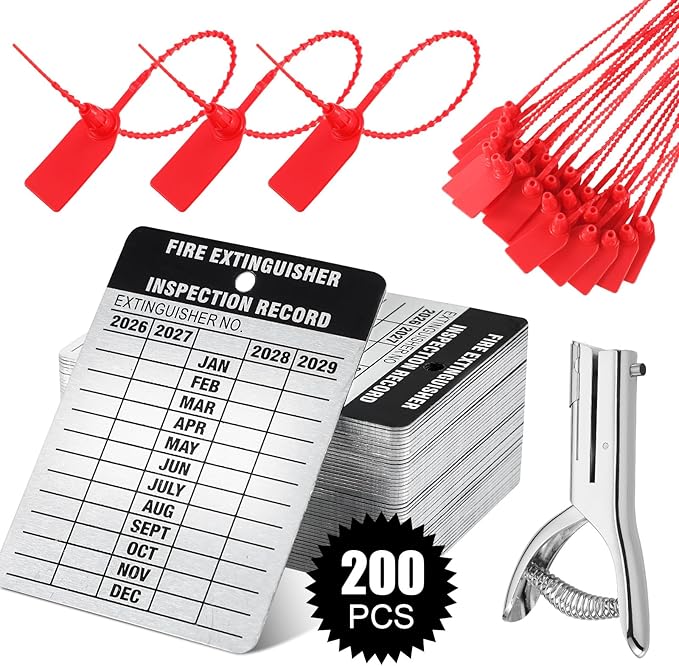 Moxweyeni 200 Set Fire Extinguisher Tag Bulk 2026-2029 Monthly Aluminum Metal Fire Extinguisher Inspection Record Tags with Tamper Seals & Hole Puncher - Tear Proof Weatherproof for Indoor Outdoor