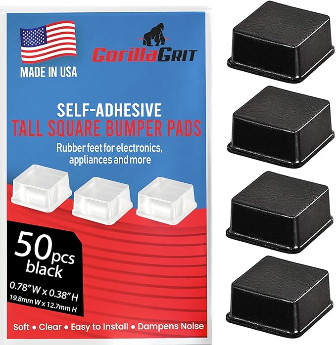 Black Tall Square Adhesive Rubber Bumper Pads - Made in USA – Rubber Feet for Speakers, Electronics, Furniture, Appliances, Audio Equipment - 50 Pieces