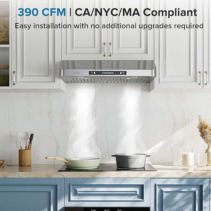 IKTCH Under Cabinet Range Hood 36 Inch,390-CFM Ducted Kitchen Vent Hood with 2 LED Light, 4 Speed Gesture & Touch & Remote Control, Silver Stainless Steel, with 2 Pcs Baffle Filter
