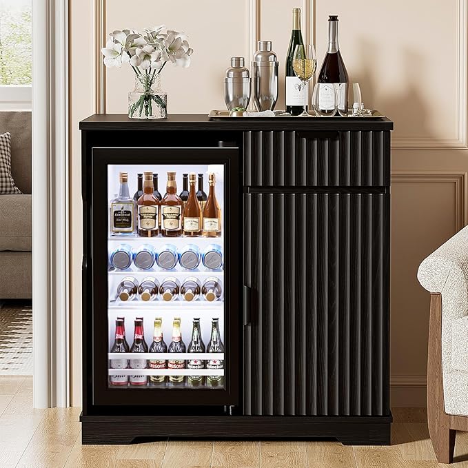 Mini Fridge Cabinet (Fridge Included), Fluted Coffee Bar Cabinet with Refrigerator, Pull Out Drawer & Storage Cabinets, 31.5" Liquor Wine Bar Cabinet for Home, Kitchen, Dining Room, Blac