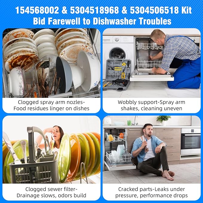 154568002 Dishwasher Lower Wash Arm and 5304518968 Dishwasher Lower Spray Arm Support and 5304506518 Trap Drain Filter Support for Frigidaire Electrolux 1545680 5304517203 154568001 154414101 (Grey)