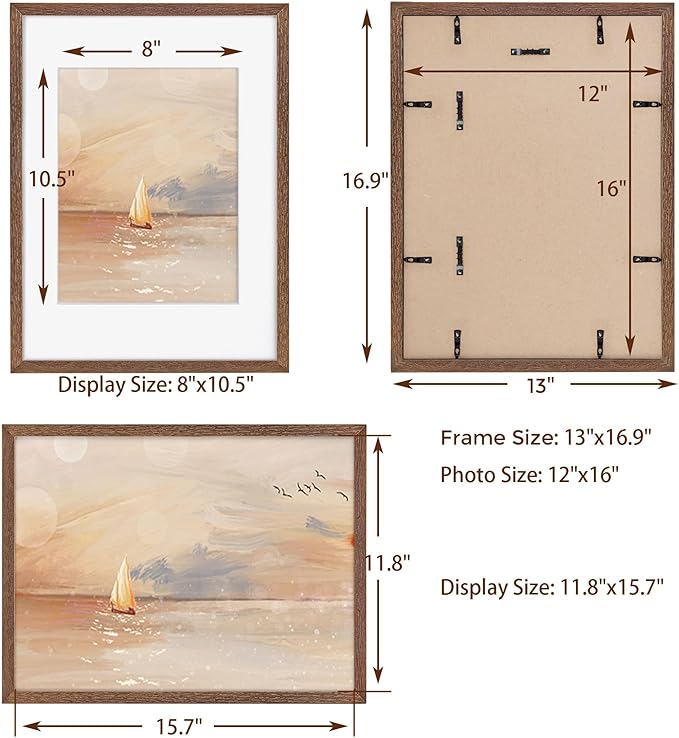12x16 Picture Frame, Solid Oak Wood 12 x 16 Frame for Wall, 12 by 16 Picture Frames with Real Glass, 12x16 Frame Matted to 8.5x11, Rusitic Wood 12"x16" Poster Frame, Walnut Color, 1 Pack