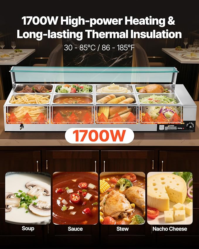 VEVOR Commercial Food Warmer, 1700W Electric Stainless Steel Steam Food Warmer with Glass Cover, 8-Pan Countertop Buffet Bain Marie with Soup & Perforated Ladles, for Catering, Restaurant & Party