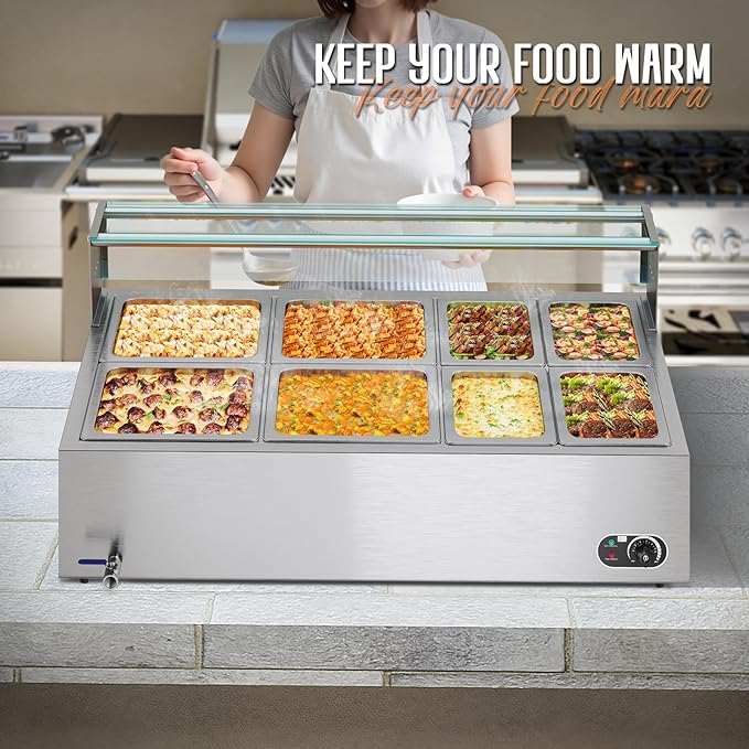 Jocisland 8-Pan 72QT Commercial Food Warmer, 1500W, Stainless Steel with Glass Lid & Food Tongs, 86-185°F Adjustable Heat for Catering and Restaurants, 110v