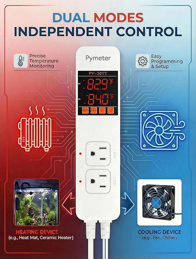 2 in 1 Digital Temperature Controller Dual Outlet Heat Mat Thermostat Reptile Greenhouse Heater Home Brewing Freezer Cooling Heating Pad Control 16A 1920W