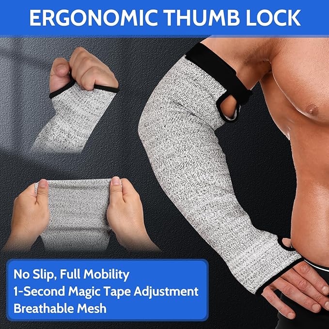 Cut Resistant Arm Sleeves ANSI Level A5, Kitchen Arm Thumb Hole Protectors for Thin Skin & Bruising, for men and women- Industrial Arm Guards for Welding, Glass Handling, Pet Grooming(Grey)