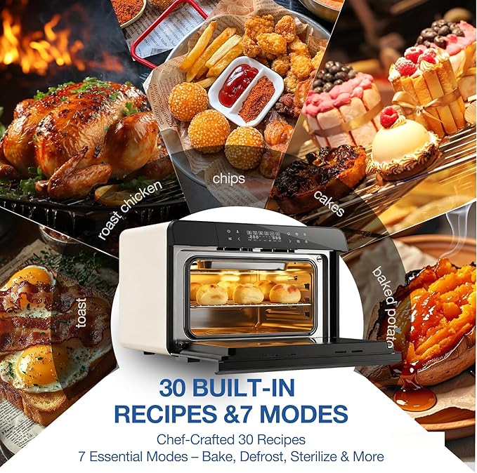 ROBAM Countertop Combi Steam Oven, 20-in-1 Multifunction Air Fryer, Convection Steam Roast & Bake, Multi-Stage Cooking, Self-Clean, Heat-Resistant, 7 Modes, 30 Built-In Recipes CT763 (White)